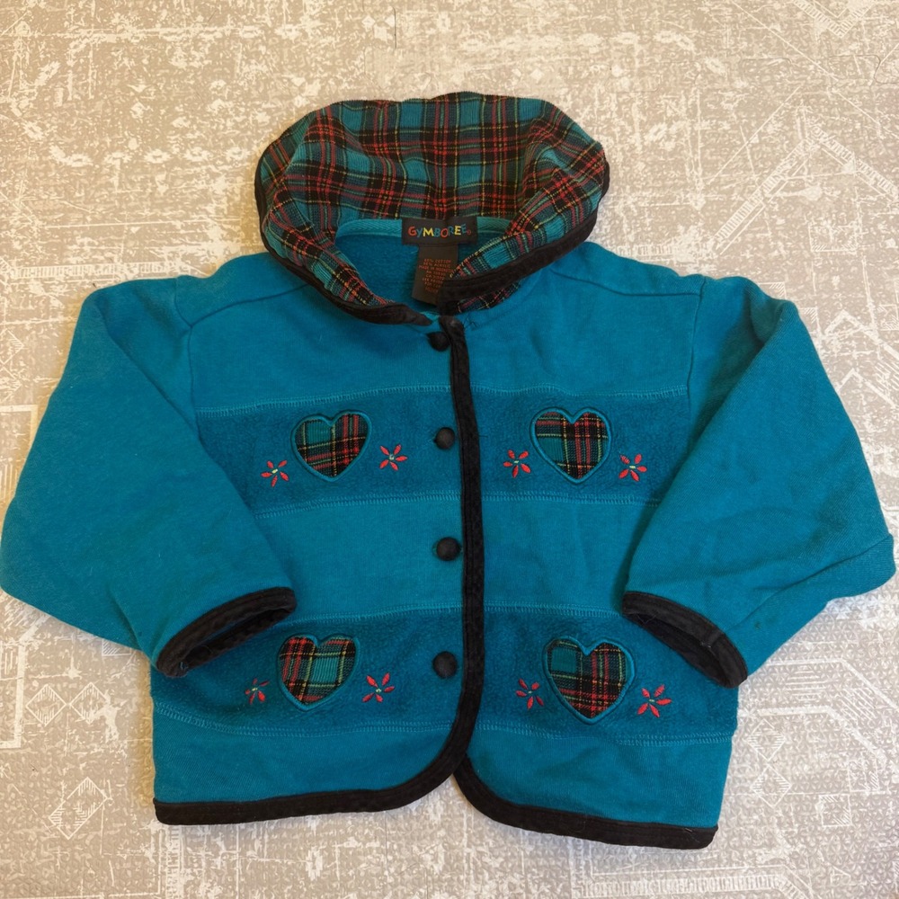 Vintage Gymboree Kids Medium Jacket Teal Plaid Heart Applique Button Up Coat
